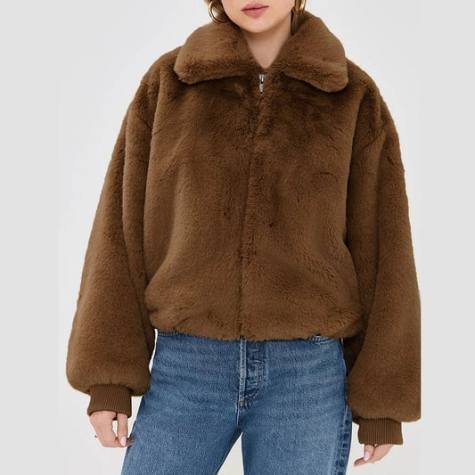 Damen Kunstfelljacke Eira Mode Reißverschluss Langarm Kurzjacke