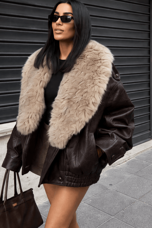 Damen Kunstlederjacke Eira Mode Abnehmbarer Pelzkragen Lockerer Schnitt Herbst Übergangsjacke