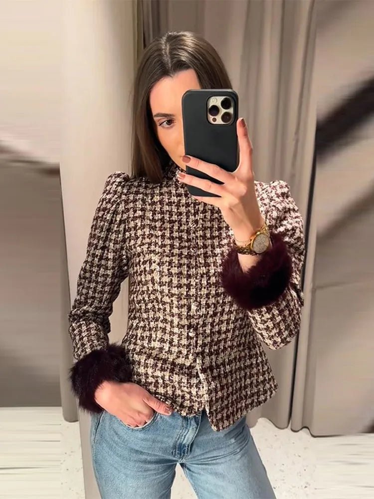 Mira Damenjacke | Elegante Tweed mit Faux Pelz Manschetten 0