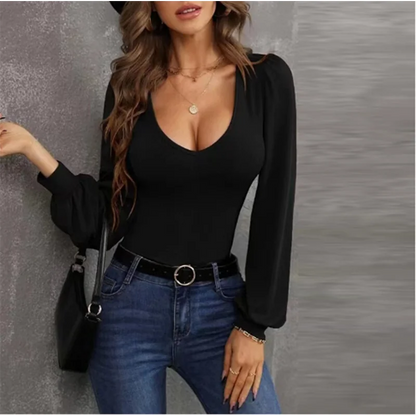 Damen Langarmshirt mit U-Ausschnitt – Slim Fit & Modern
